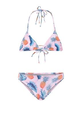 Kız Cocuk Bikini Takım-Aloha Ananas Desenli Pembe Ucgen Aloha Kız Cocuk Bikini Takım