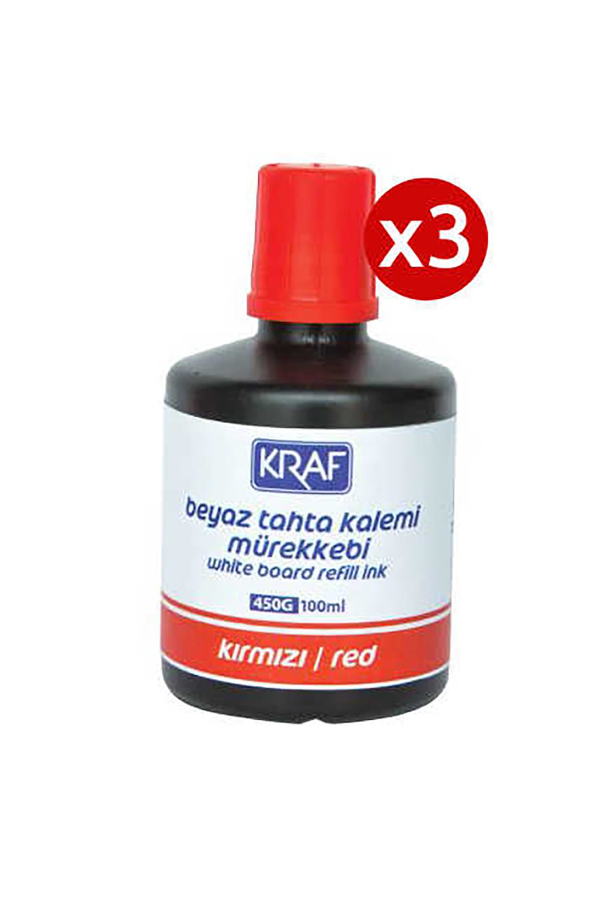 KRAF 3 Adet Kraf Beyaz Yazı Tahtası Mürekkebi 100ml Kırmızı