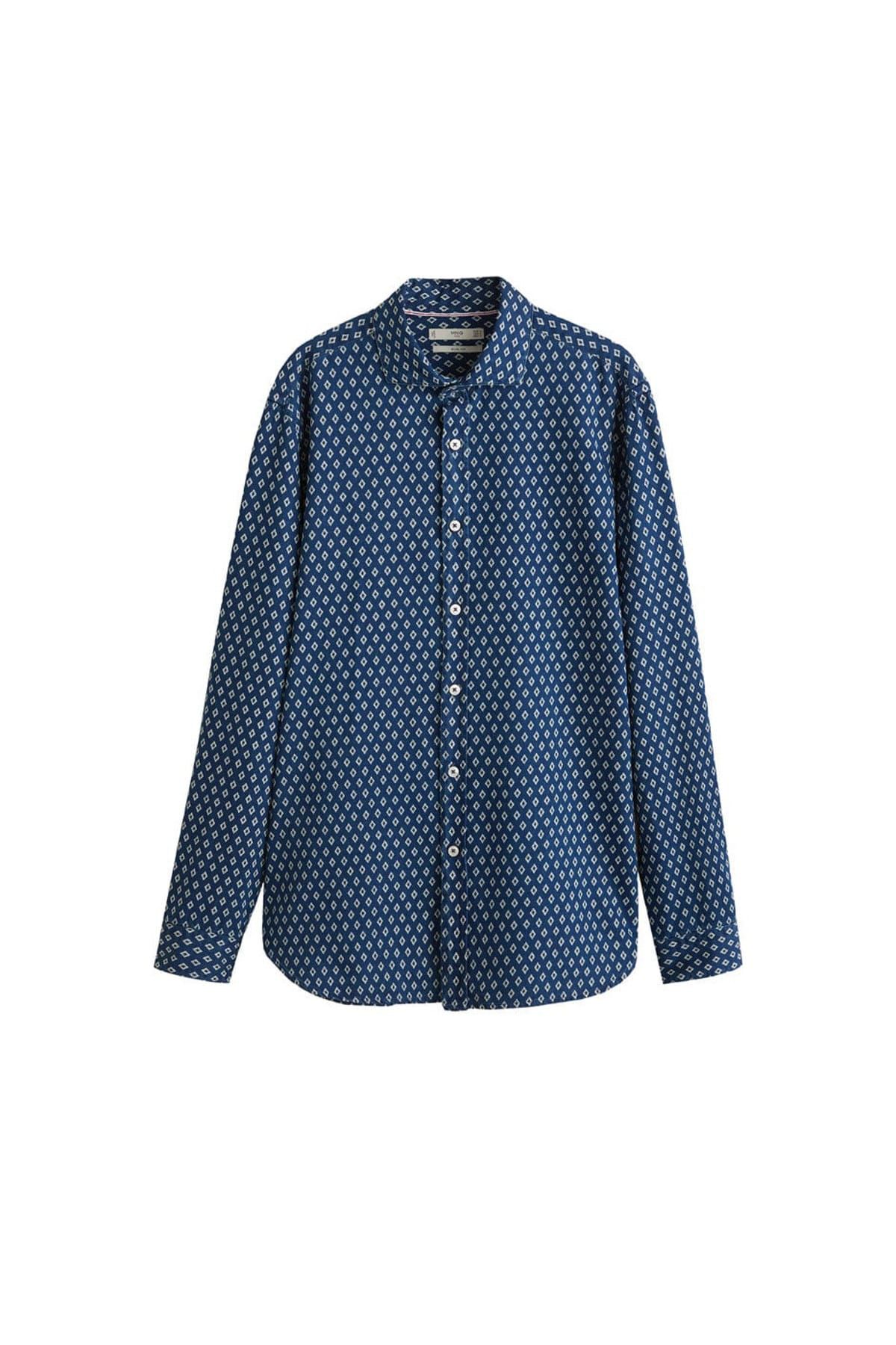 MANGO Man-Ανδρικό πουκάμισο Indigo Blue Slim Fit με γεωμετρικό σχέδιο53030527 4