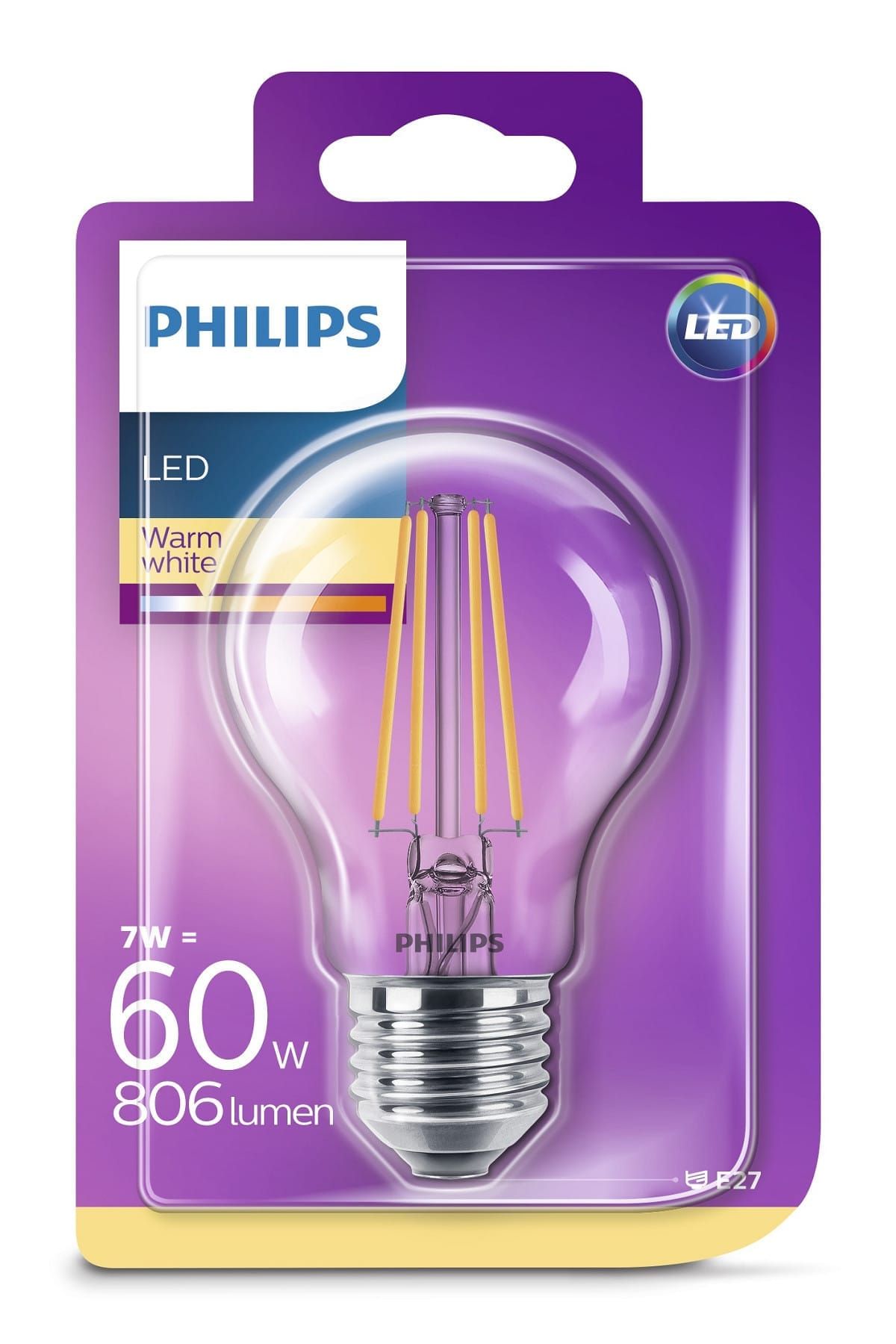 Ampoules Filament, Philips Led E27 A60 2,3 W 485 Lm 3 000 K X2, Philips