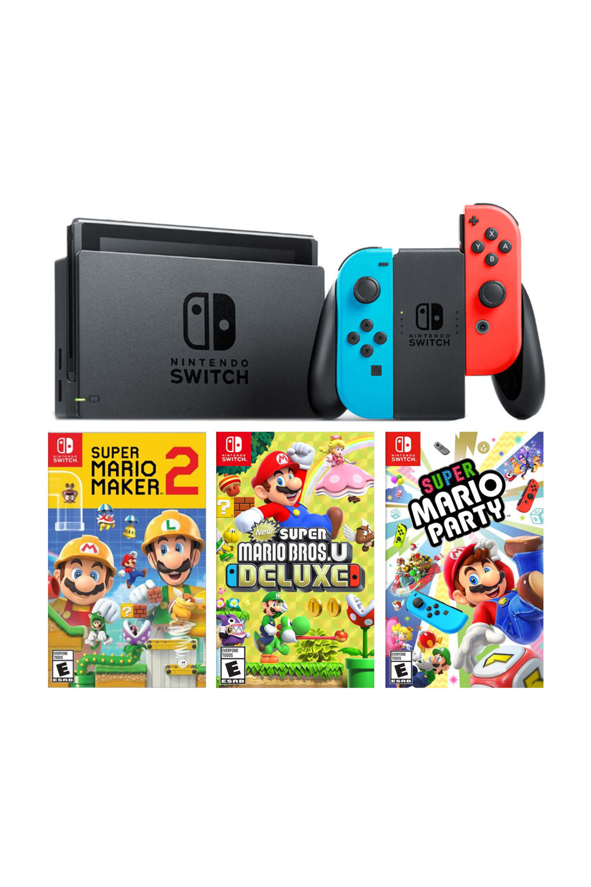 Nintendo Switch Renkli Mavi Kırmızı + Super Mario Maker 2 + Super