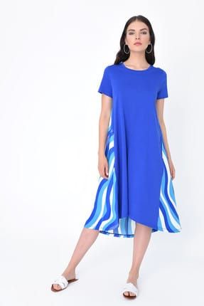 Kadın Gece Mavisi Arkası Desenli Dokuma Kumaşlı Kısa Kollu Elbise HN1912