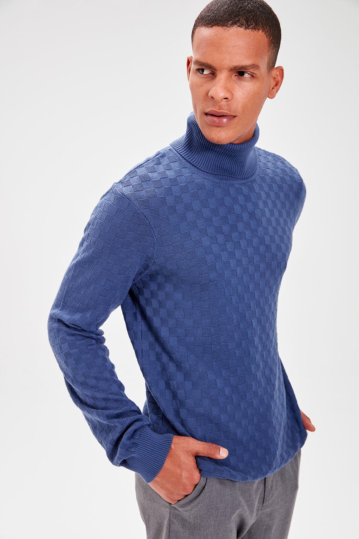 Trendyol Collection-Светр з фактурною в'язкою з водолазкою Indigo TMNAW20VK0004 7