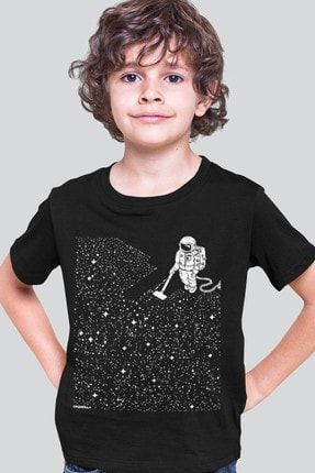 Süpürgeli Astronot Siyah Kısa Kollu Kız Erkek Uniseks Çocuk T-shirt 1M1BB210FS