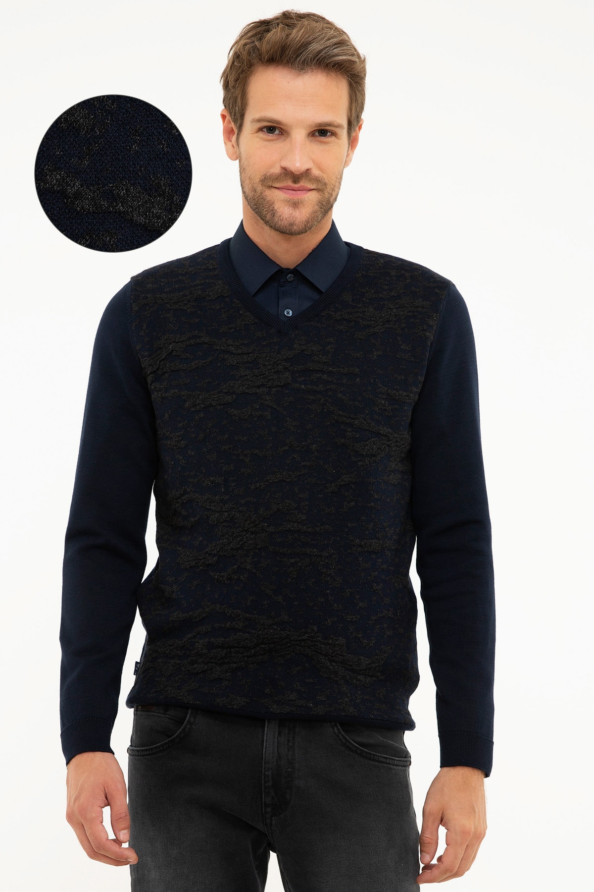 پیر کاردین ژاکت بافتنی مردانه اسلیم فیت سرمه‌ای تیره G021GL0TK.000.867142