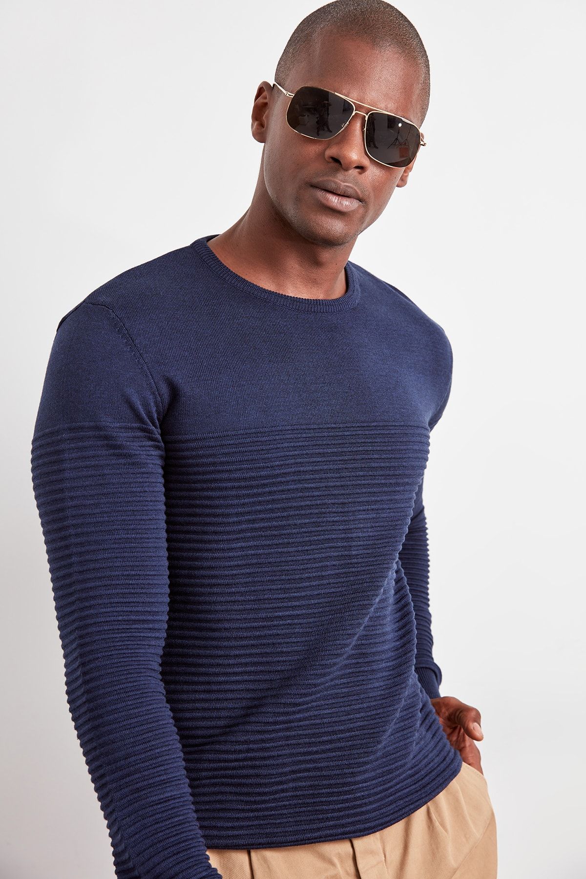 Trendyol Collection-Navy Blue Slim Slim Fit Crew Neck Textured Knitwear Sweater Tmnaw20Iy0014 6