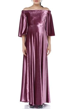 Kadın Gül Kurusu Düşük Omuz Kadife Elbise ML020100X
