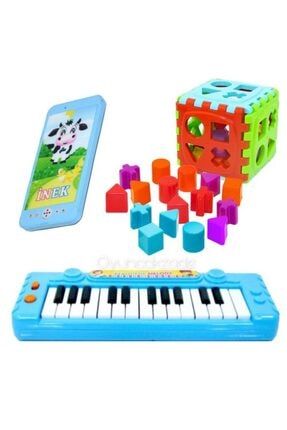 Oyuncak 25 Tuşlu Müzikli Piyano + Sesli Telefon +geometrik Şekilli Bul Tak Küp Eğitici Set Turkuaz Piano