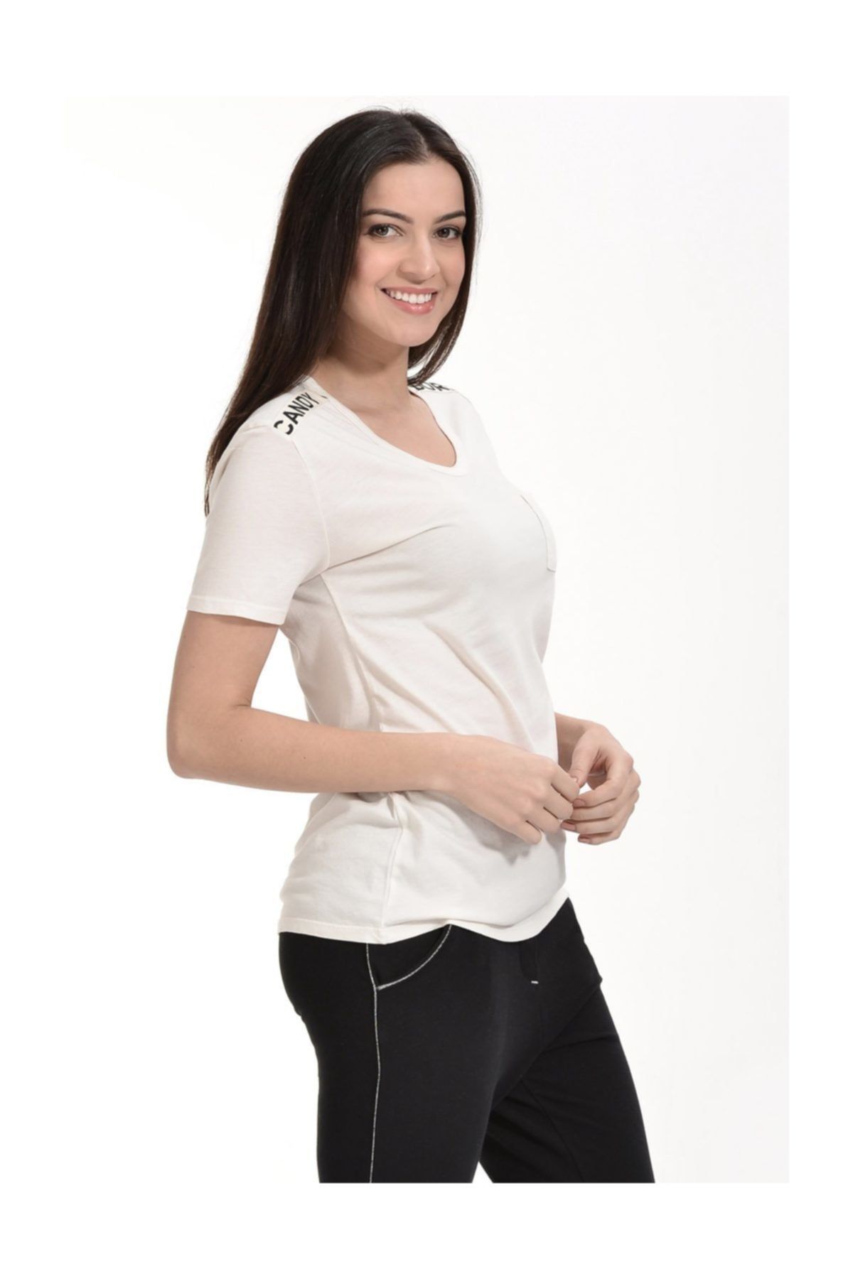 Cotton Candy-Short Sleeve T-Shirt with Text Band on the Shoulders - Ecru 5