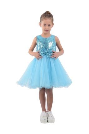 Kız Çocuk Prenses Model Buz Mavisi Payetli Abiye Elbise 23 Nisan BHK000320