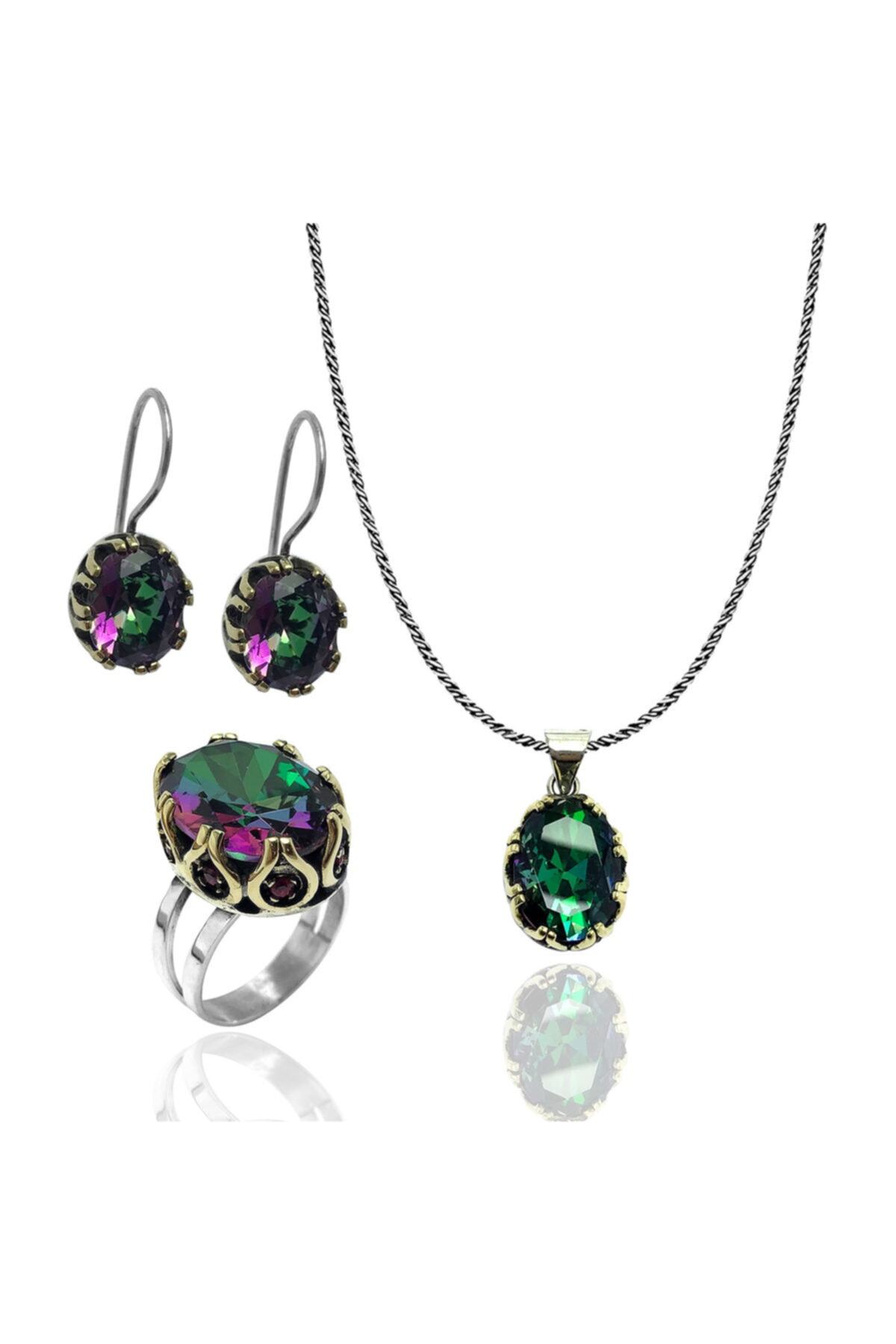 Midyat Nurtaş Gümüş Mistik Topaz Taşlı Elips Model El Işi Otantik Gümüş Üçlü Set 201015141