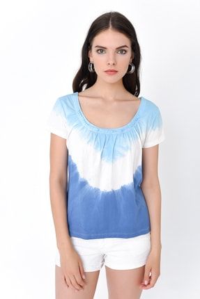 Kadın Mavi Yakası Büzgülü Batikli Tshirt HN2010
