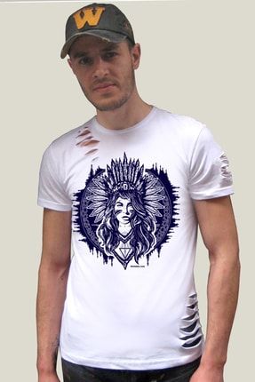 Erkek Beyaz Kızılderili Kız Kısa Kollu Yırtık Ripped T-shirt 1M1RM153SB