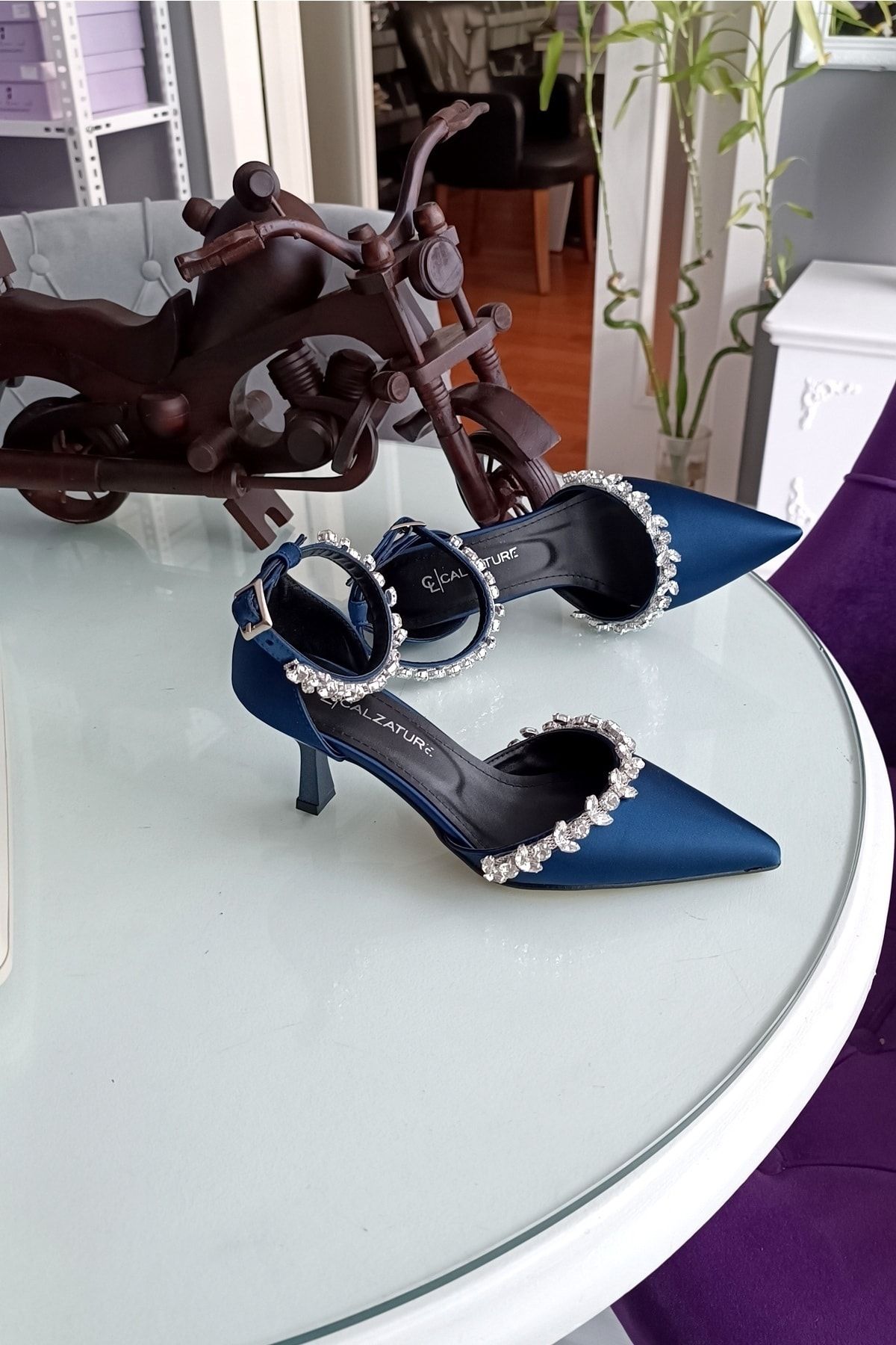 LA CALZATURE Navy Blue Satin 6cm Champagne Heels with Ankle Belt