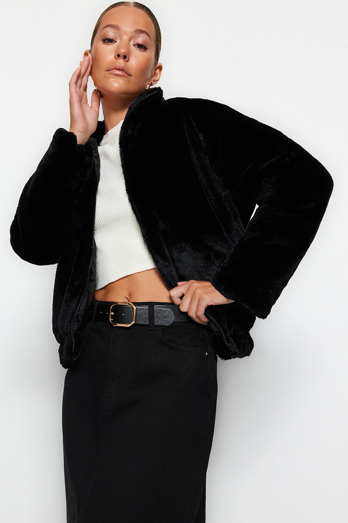 Trendyol Collection Winter Jacket Black Teddy Trendyol