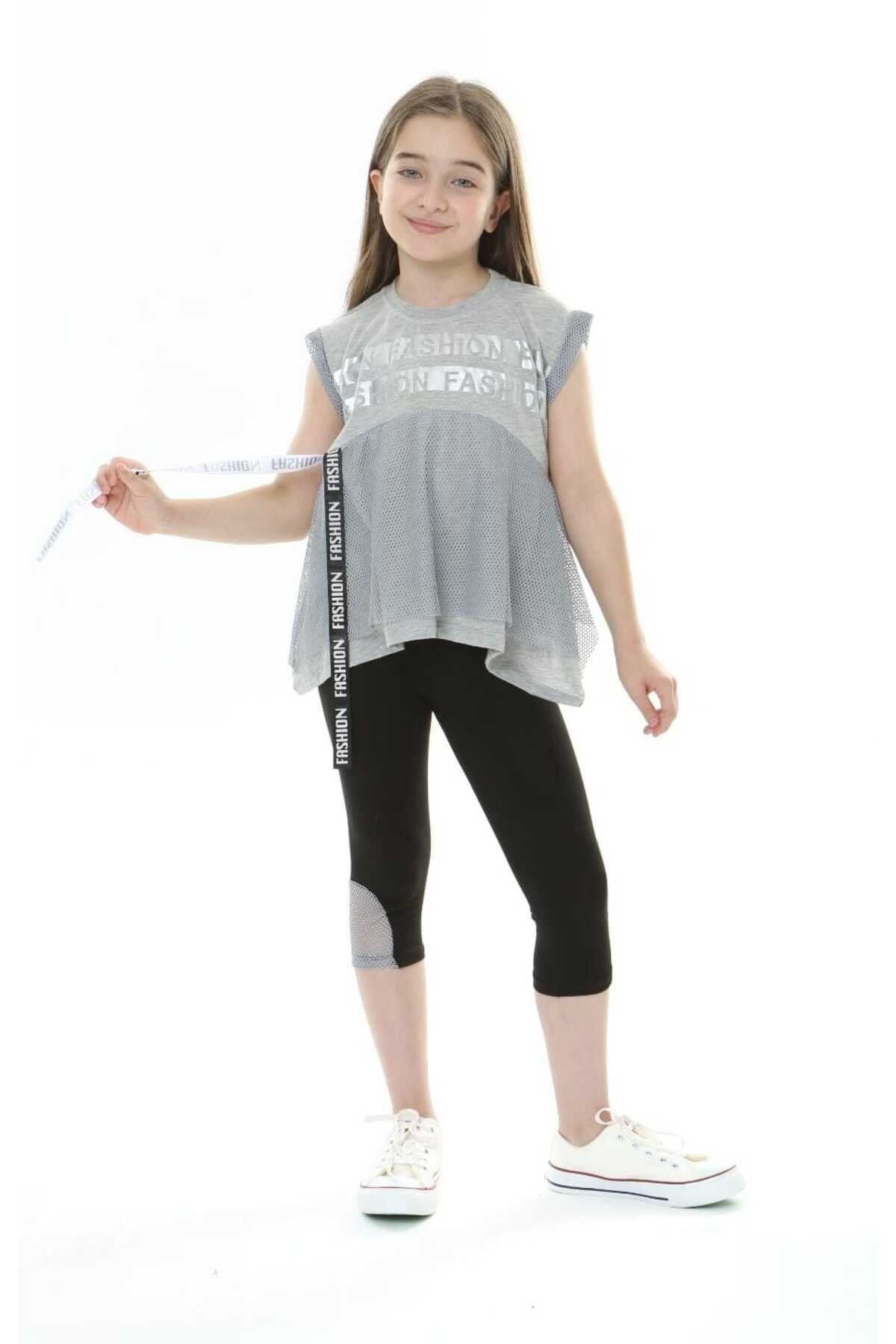BALKABAĞI File Detaylı Lüx Kız Çocuk Gri-Siyah Taytlı Takım fileli taytlı takım gri