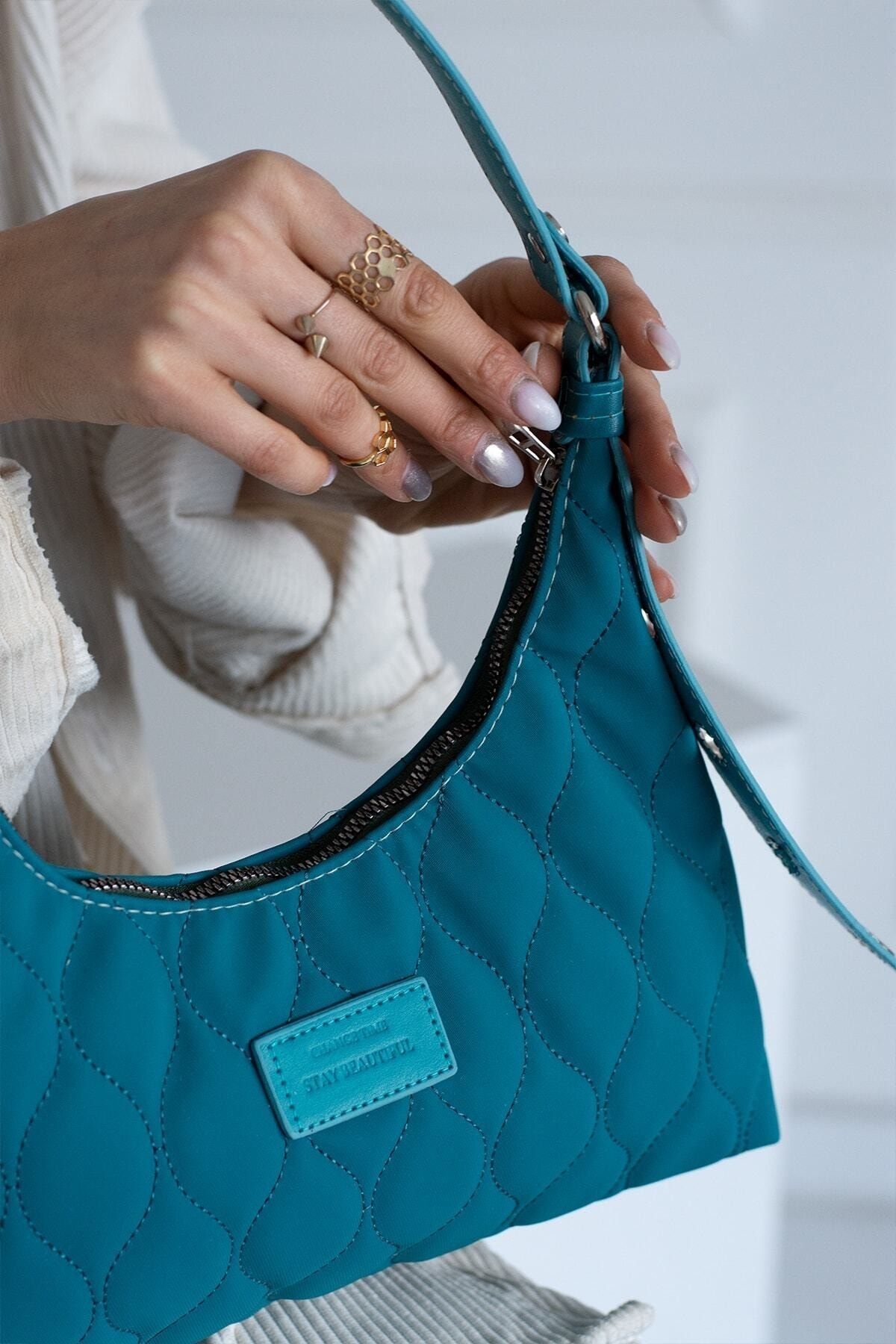 Cochines Women s Petrol Blue Quilted Patterned Baguette Hand and