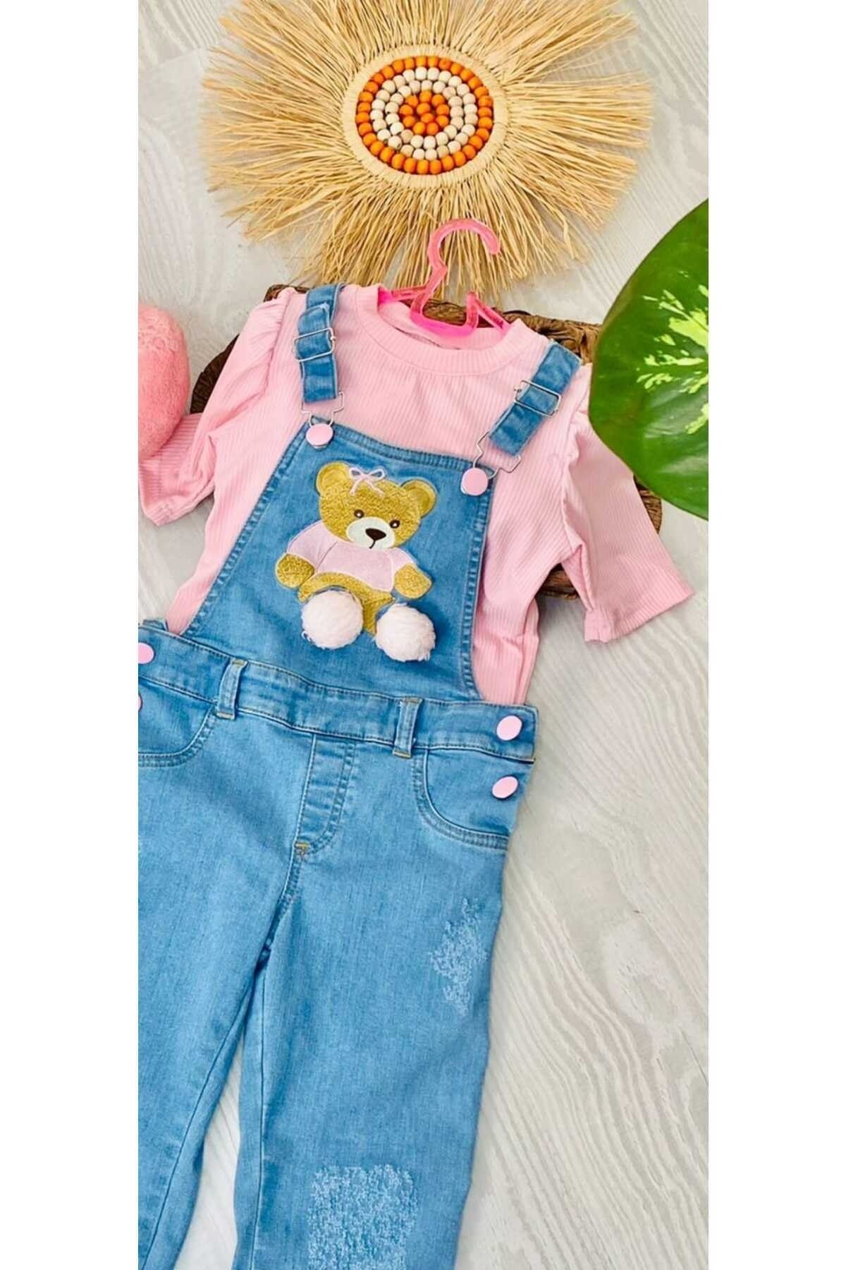 koko um baby Girl s strappy overalls and blouse with teddy bear