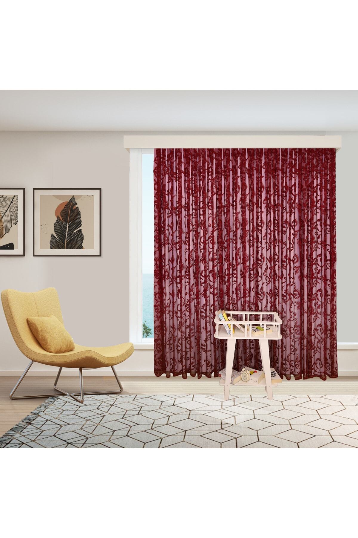 Ta-Ha Perde ve Halı-Shawl Pattern Claret Red Knitted Inner Tulle And Background Complete Set Sparse Pleat Tulle Curtain 6