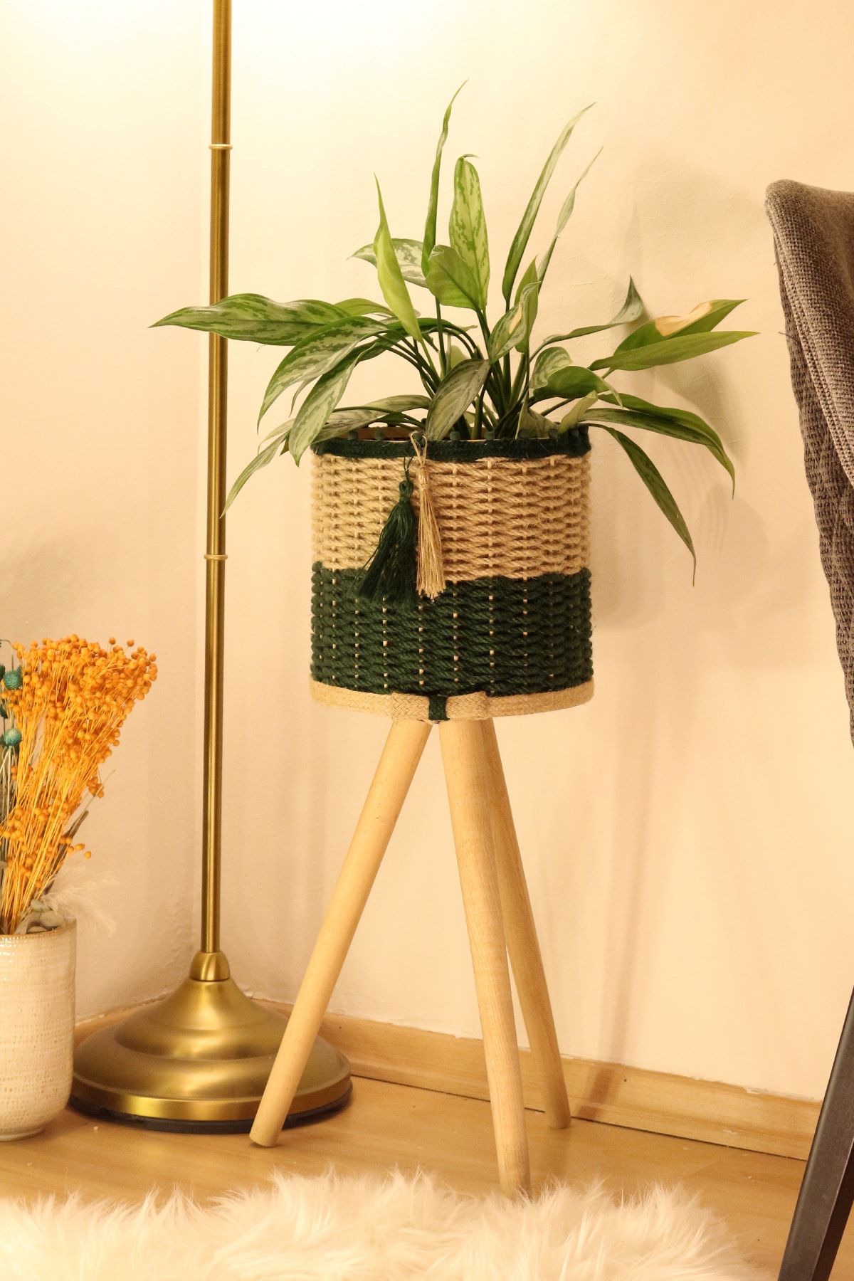 Jute Knit Wicker Basket Wooden Flower Pot 46cm Foot Dark Green