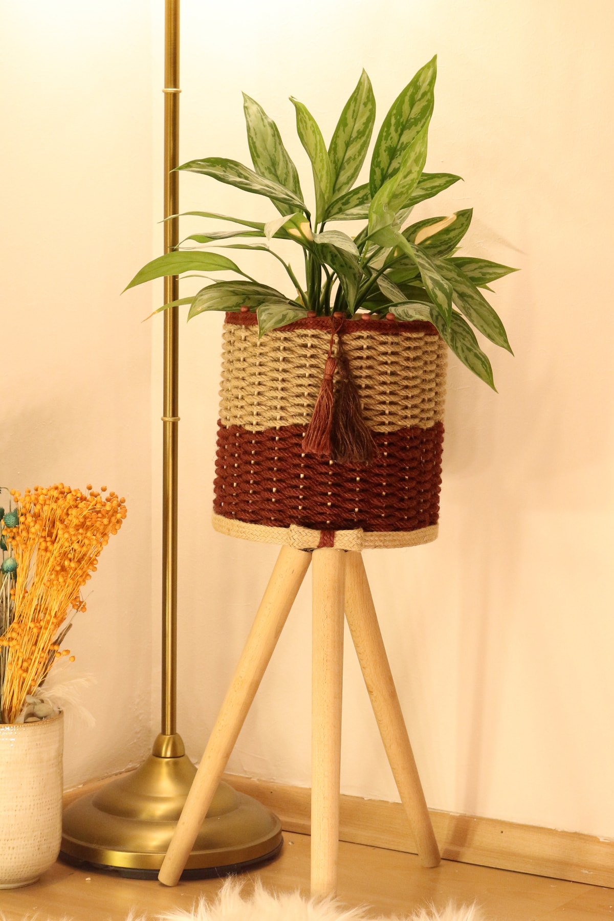 Jute Knit Wicker Basket Wooden Pot 46cm Foot Cherry Rotten