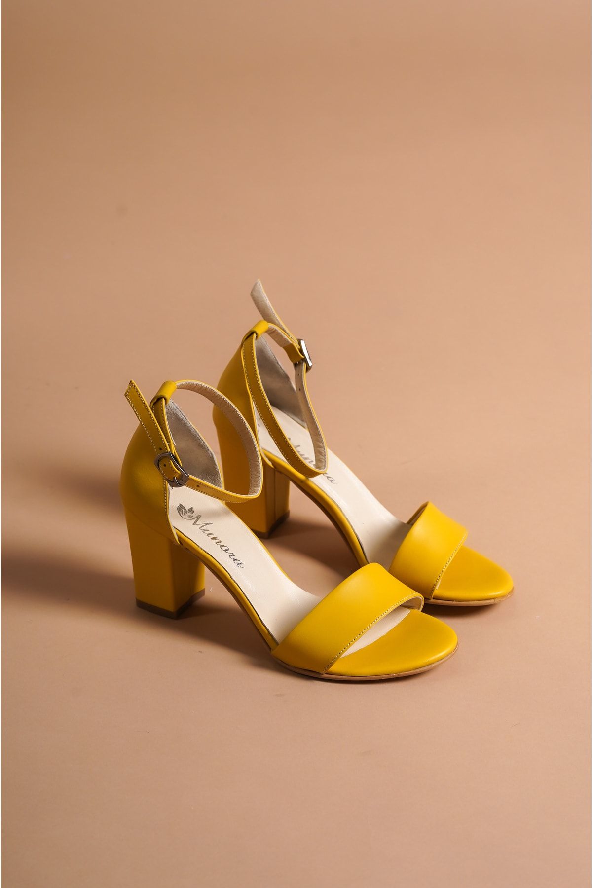 Rabia Celik Ankle Strap Single Strap Thick Heel Genuine Leather Yellow Heeled Sandals Trendyol