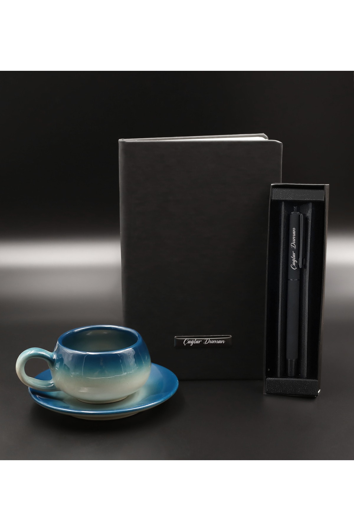 Personalized Black Notebook & Pen & Blue Color Vintage Cup Gift Set for Father's Day