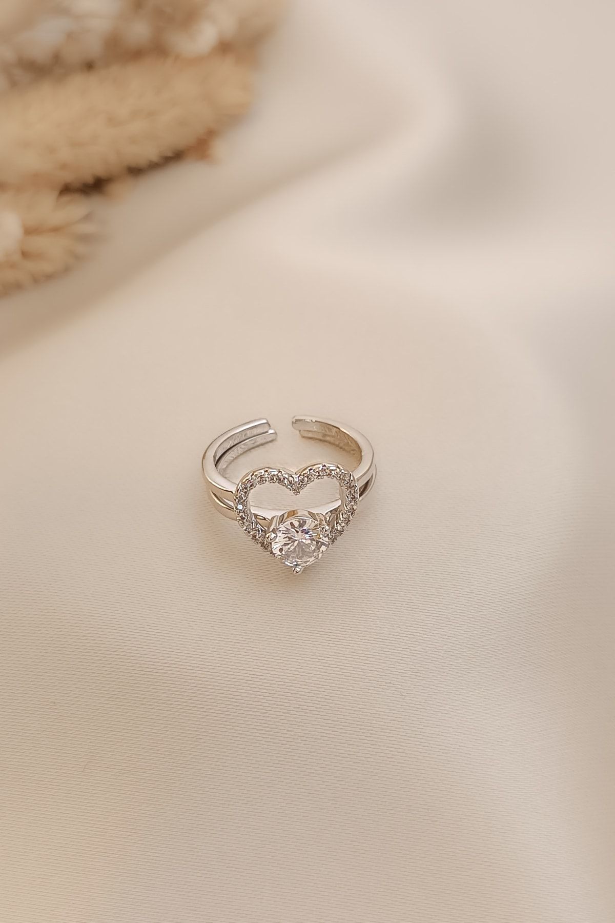 COSİTA-Silver Solitaire Heart Double Engagement Special Design 2-Piece Ring 4