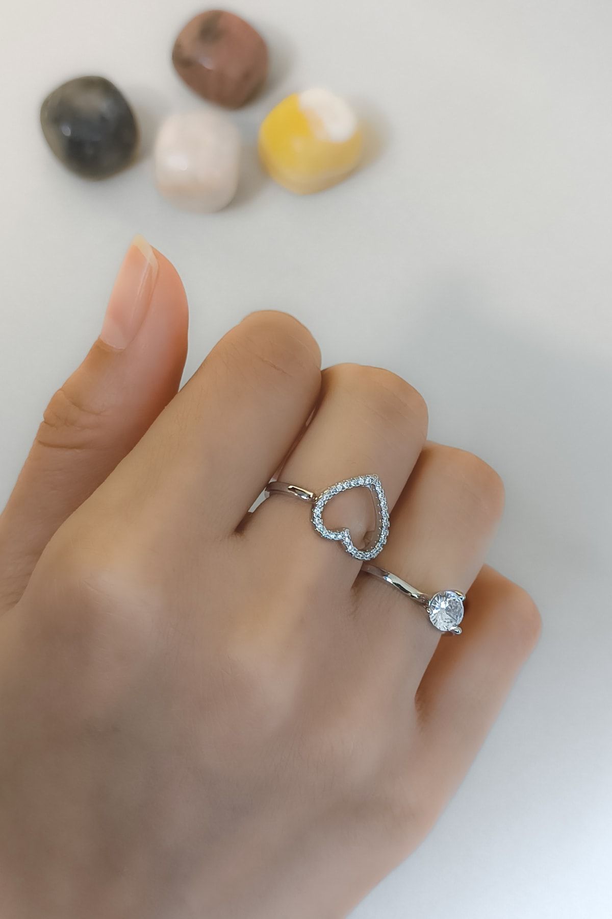 COSİTA-Silver Solitaire Heart Double Engagement Special Design 2-Piece Ring 5