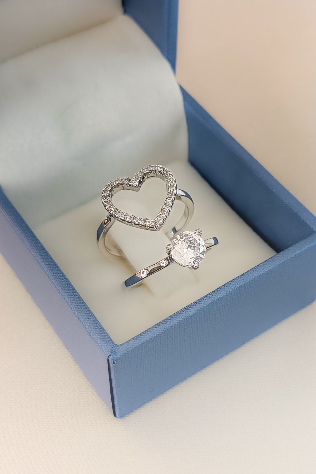 COSİTA-Silver Solitaire Heart Double Engagement Special Design 2-Piece Ring 8