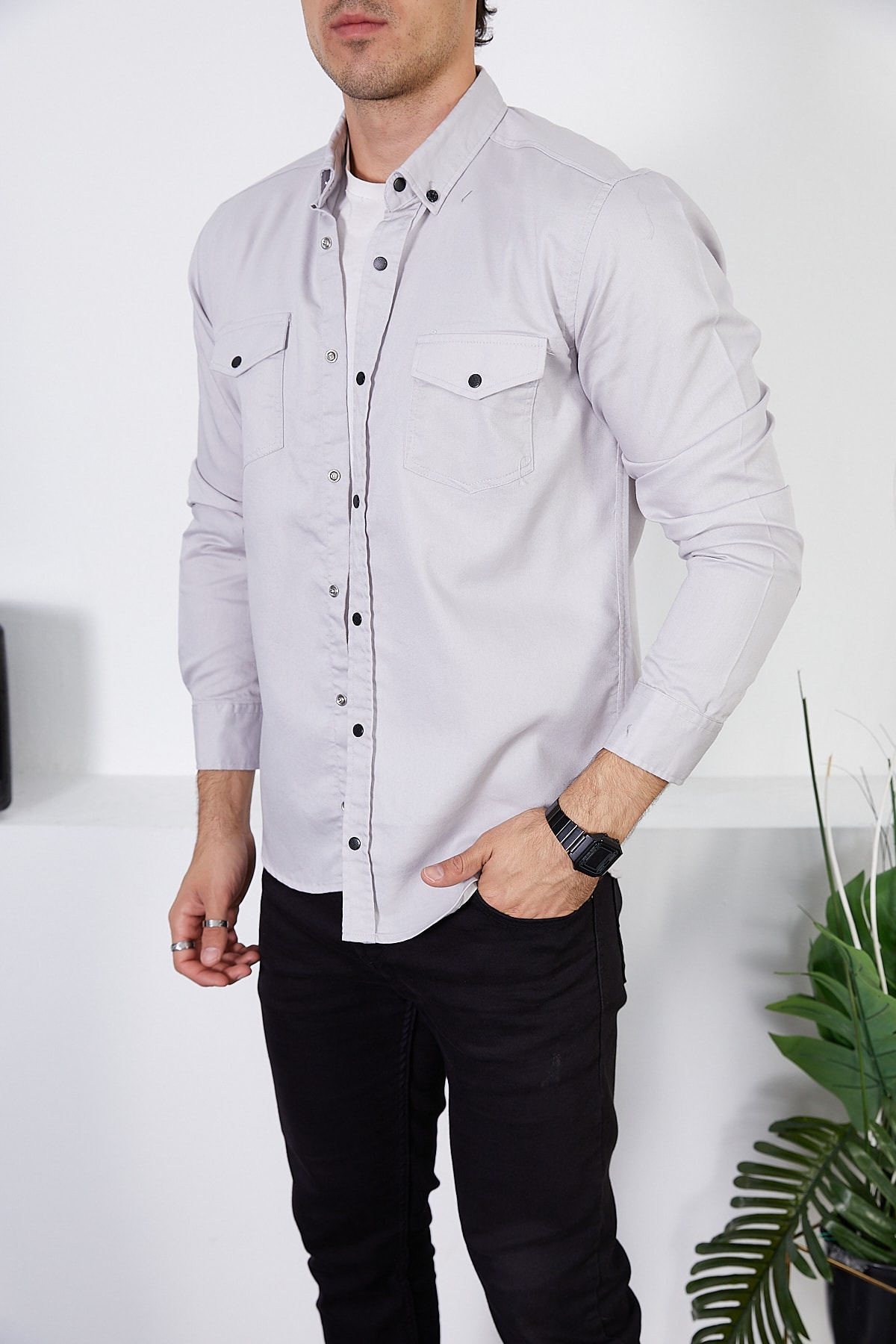 پیراهن مردانه خاکستری ENZİM JEANS | NZMGMLKSVLGR اورجینال - تصویر 2