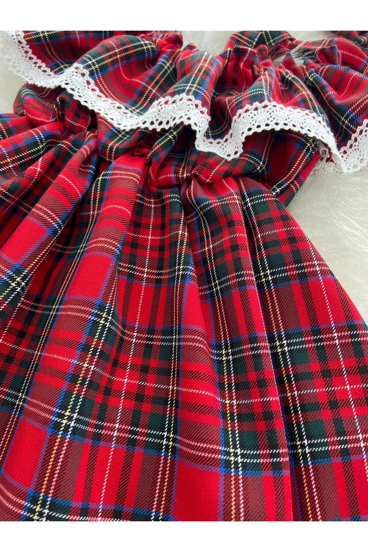 Moda Lina Kız Bebek Dantelli Kırmızı Ekose Salopet Bandana Set fotoğrafı 2 (önizleme)