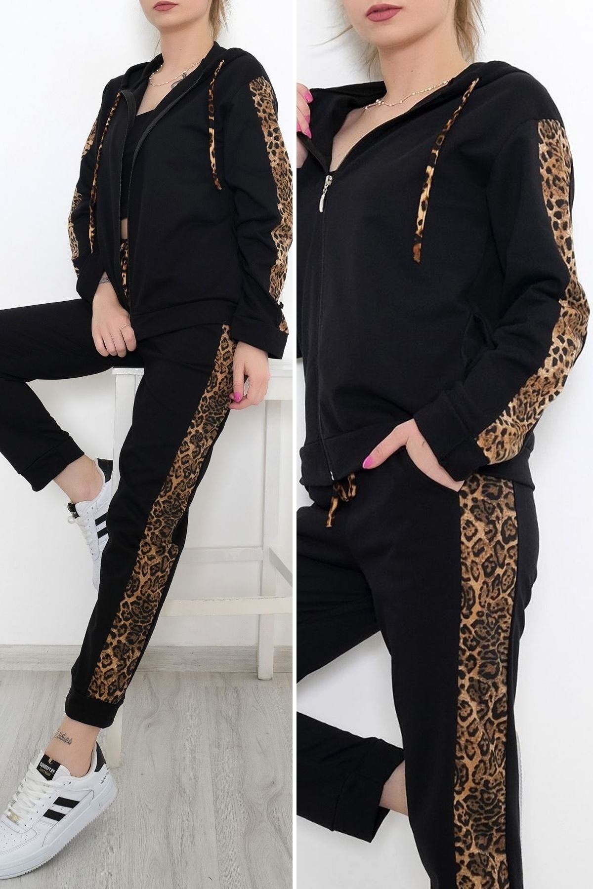 Stil Cenneti Leopar Detaylı Fermuarlı Takım Siyah - 8386.5238.