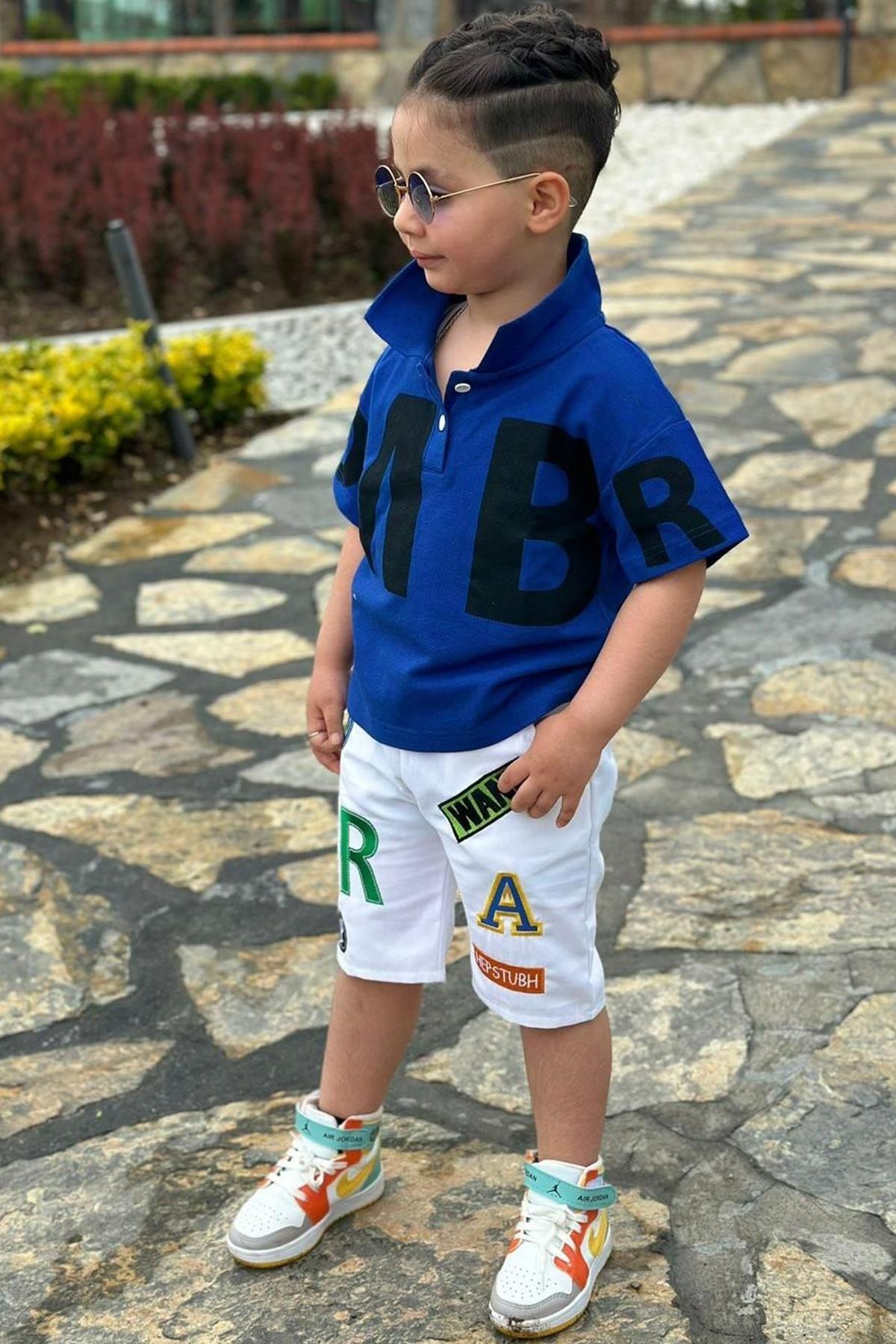 Riccotarz Boy s Text Printed Blue Shorts Suit with Button Detail