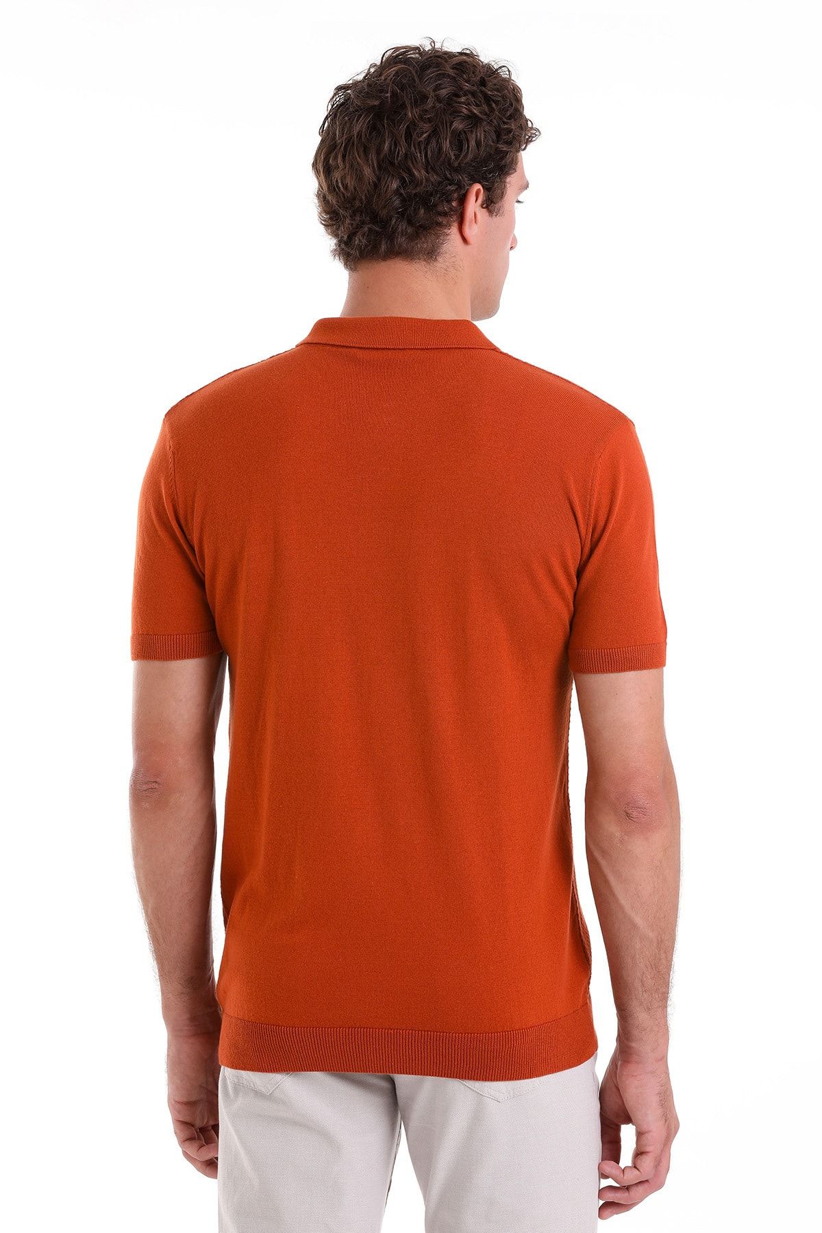 Hatemoğlu تی شرت بافتنی یقه پولو نخی ژاکارد با تناسب معمولی نارنجی