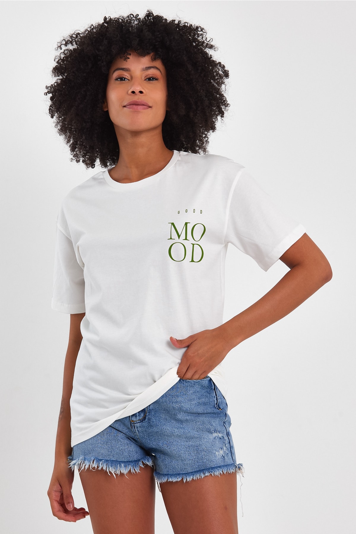 Mood Oversize Baskılı Basic T-shirt - Ekru