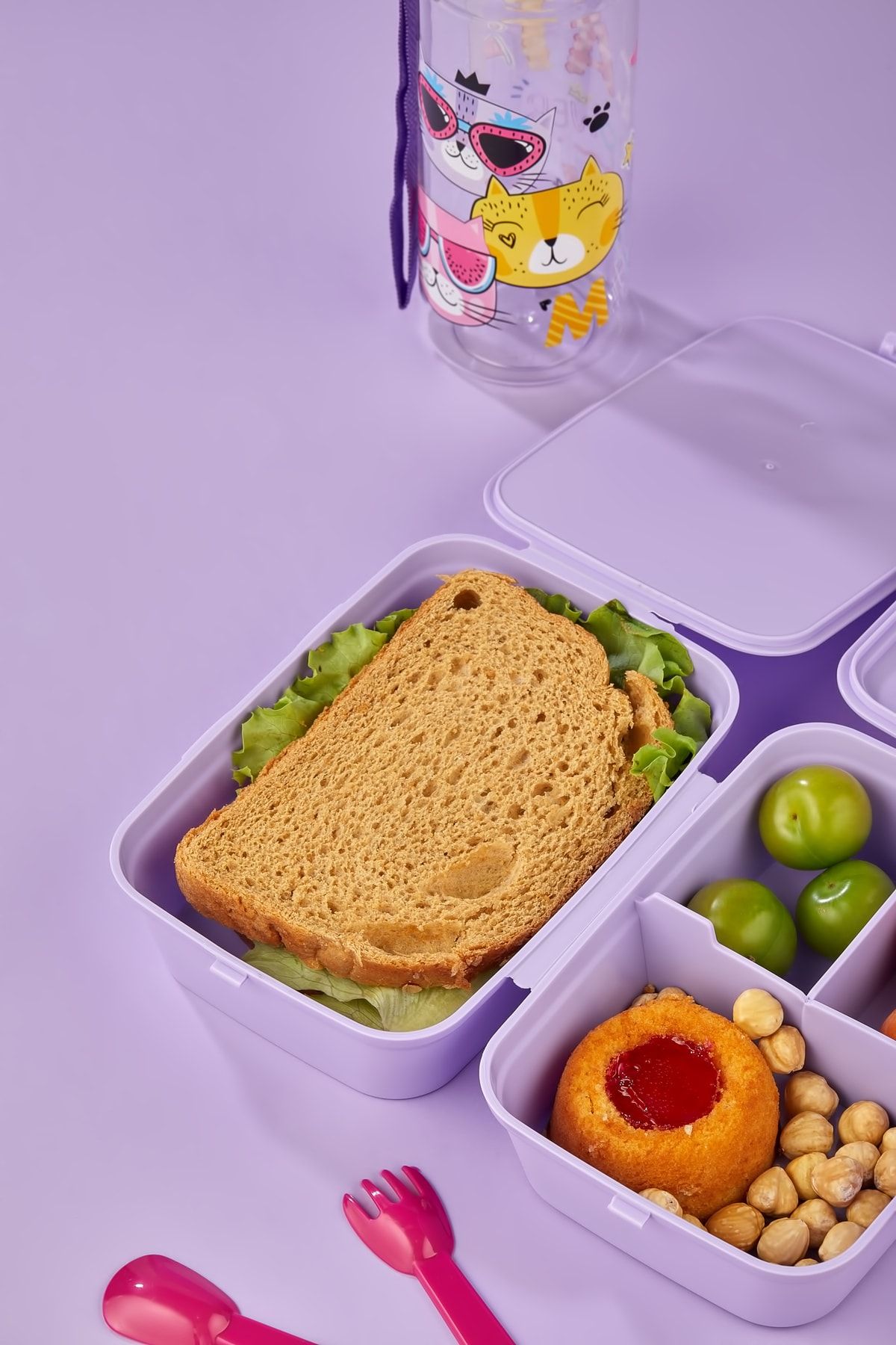 ALİNA HOME-2 Layers 4 Compartments Lunch Box with Spoon and 500 CC Straw Flask with Cat 4