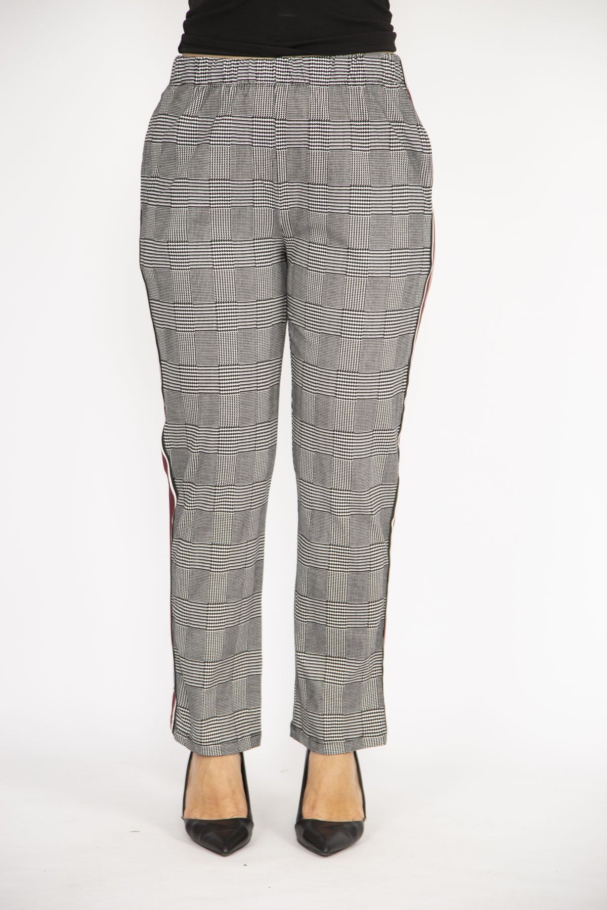 Şans-Pantaloni de damă, gri mari, cu model în carouri, cu talie elastică și cu dungi laterale 65n36510 6