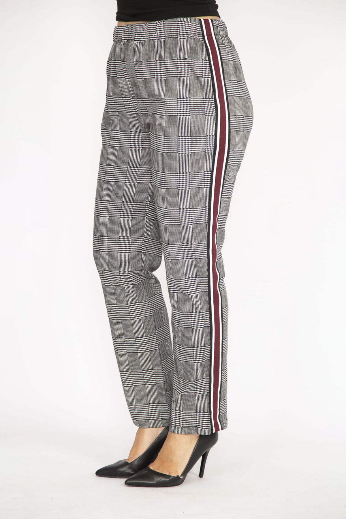 Şans-Pantaloni de damă, gri mari, cu model în carouri, cu talie elastică și cu dungi laterale 65n36510 7