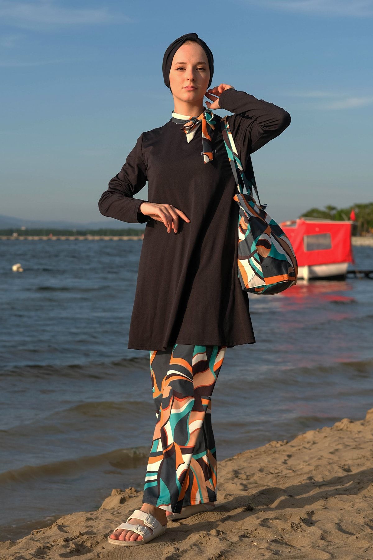Minel-Women's Orange Wide Leg Fully Covered Scuba Hijab Swimsuit Set of 2 2