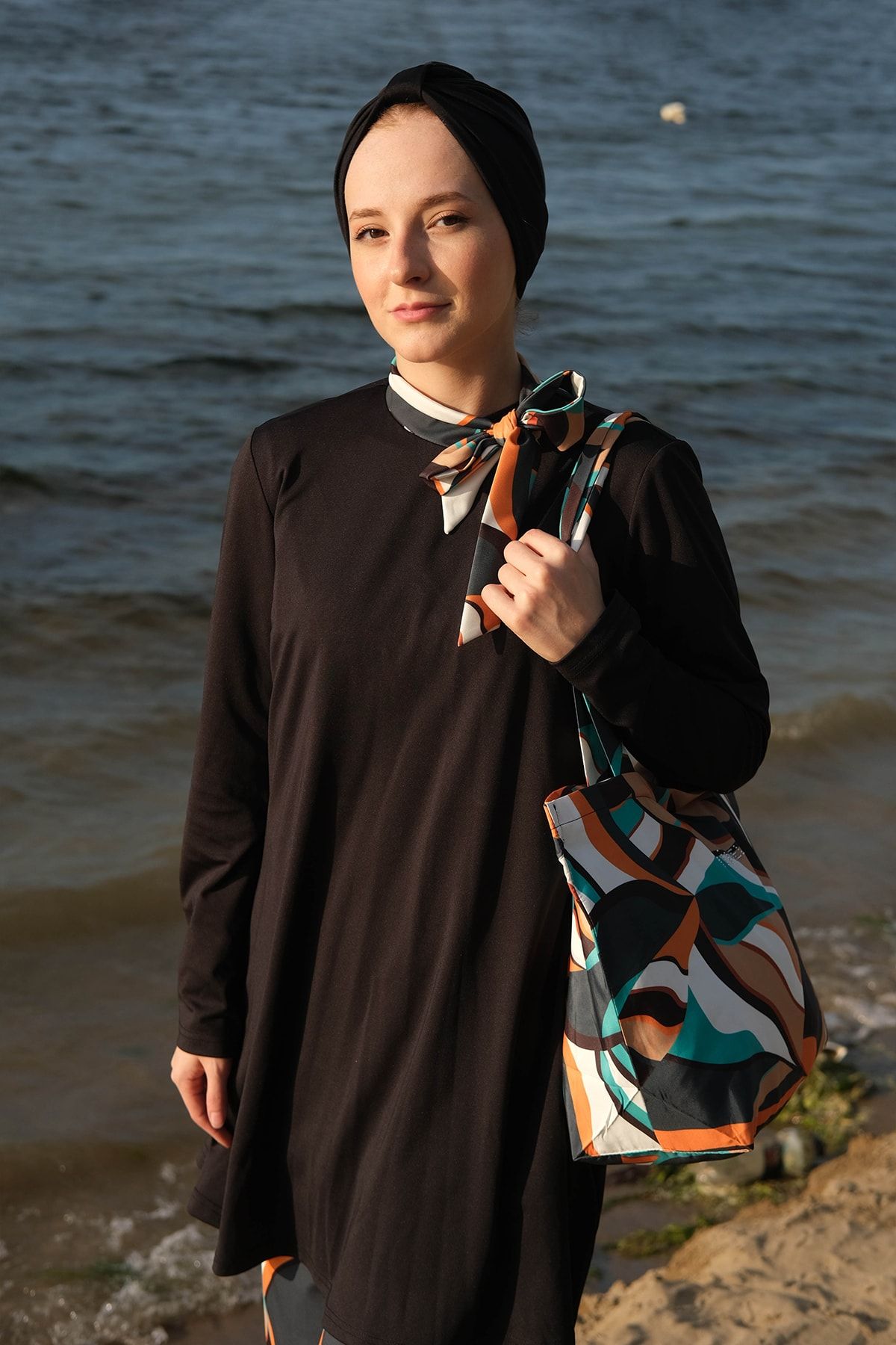Minel-Women's Orange Wide Leg Fully Covered Scuba Hijab Swimsuit Set of 2 4