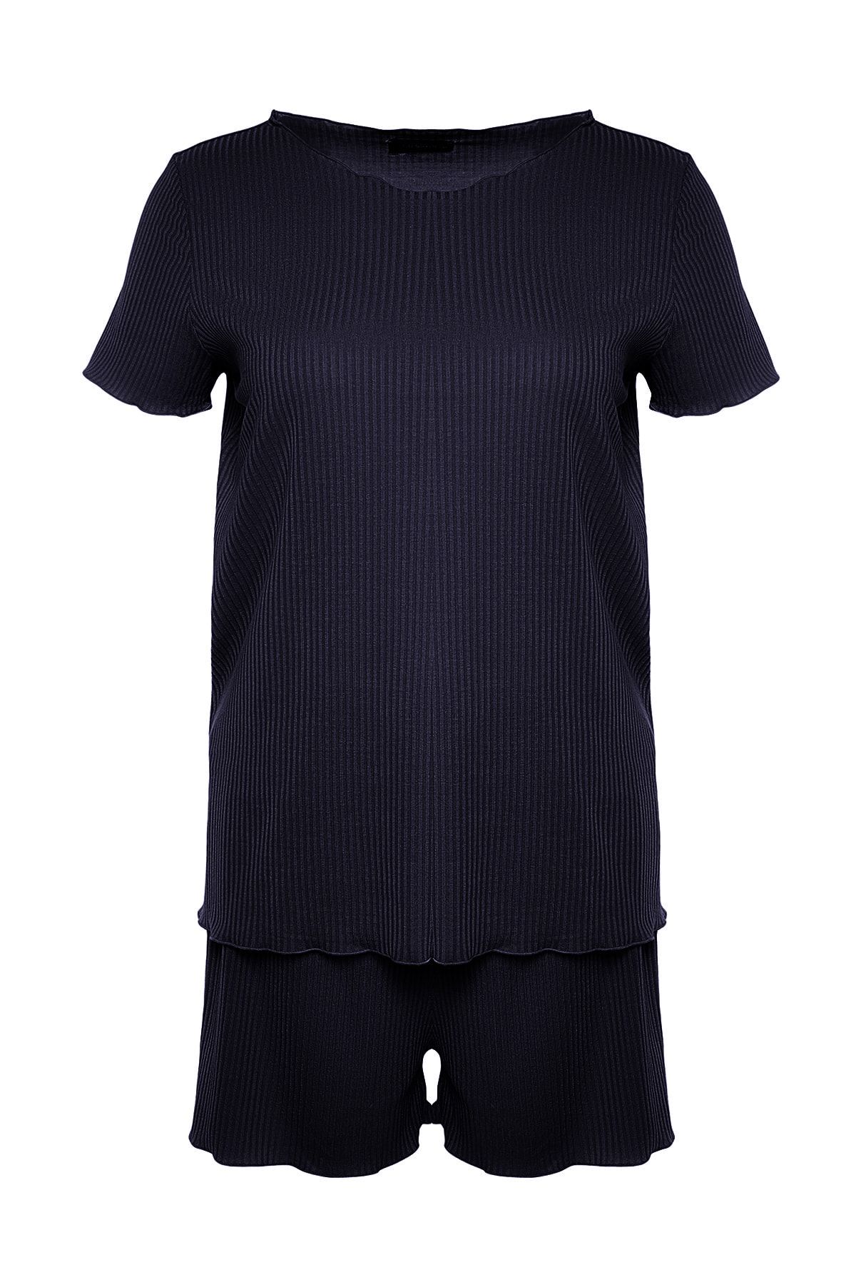 Trendyol Curve-Marineblaues, geripptes Strick-Pyjama-Set TBBSS22PT0216 6