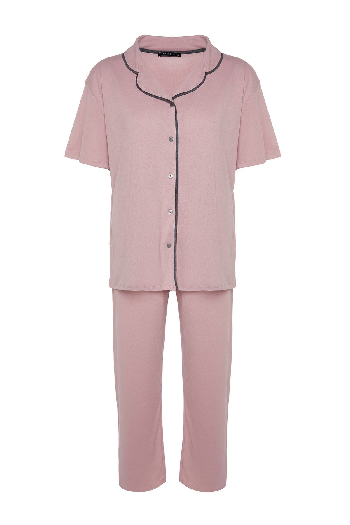Trendyol Curve-Puderfarbenes Pyjama-Set mit Hemdkragen und Rippenmuster TBBSS22PT0220 6