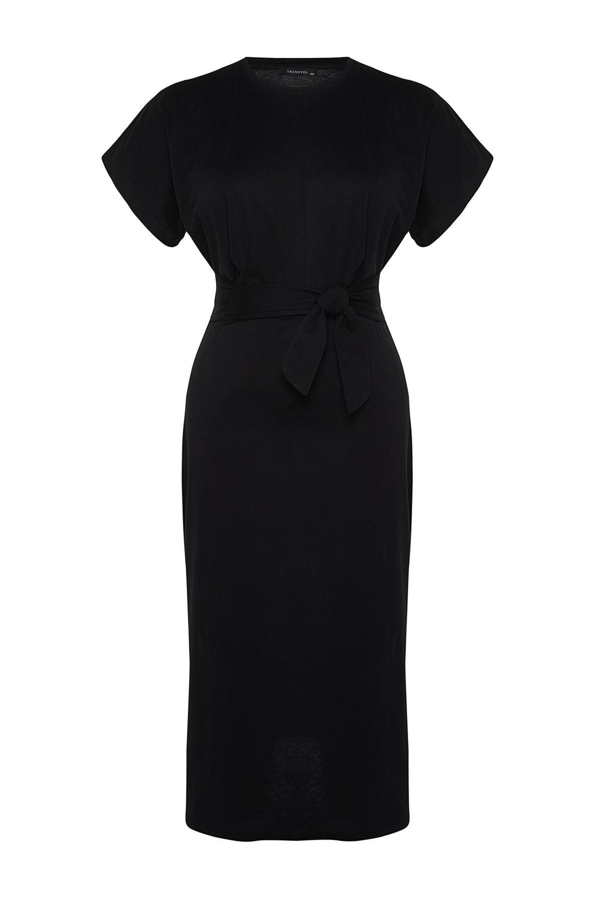 Trendyol Curve-Schwarzes Maxikleid in Übergröße – 100 % Baumwolle mit geradem Schnitt, Bindedetail und Schlitz TBBSS22EL1640 6