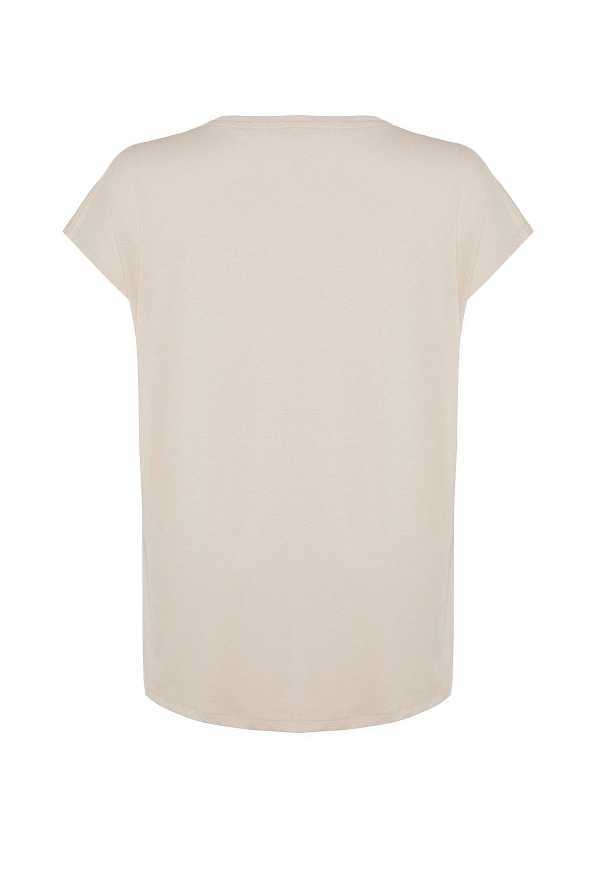 Trendyol Curve-Nerzfarbenes Boyfriend-T-Shirt aus Baumwolle mit V-Ausschnitt - TBBSS22BF0036 7