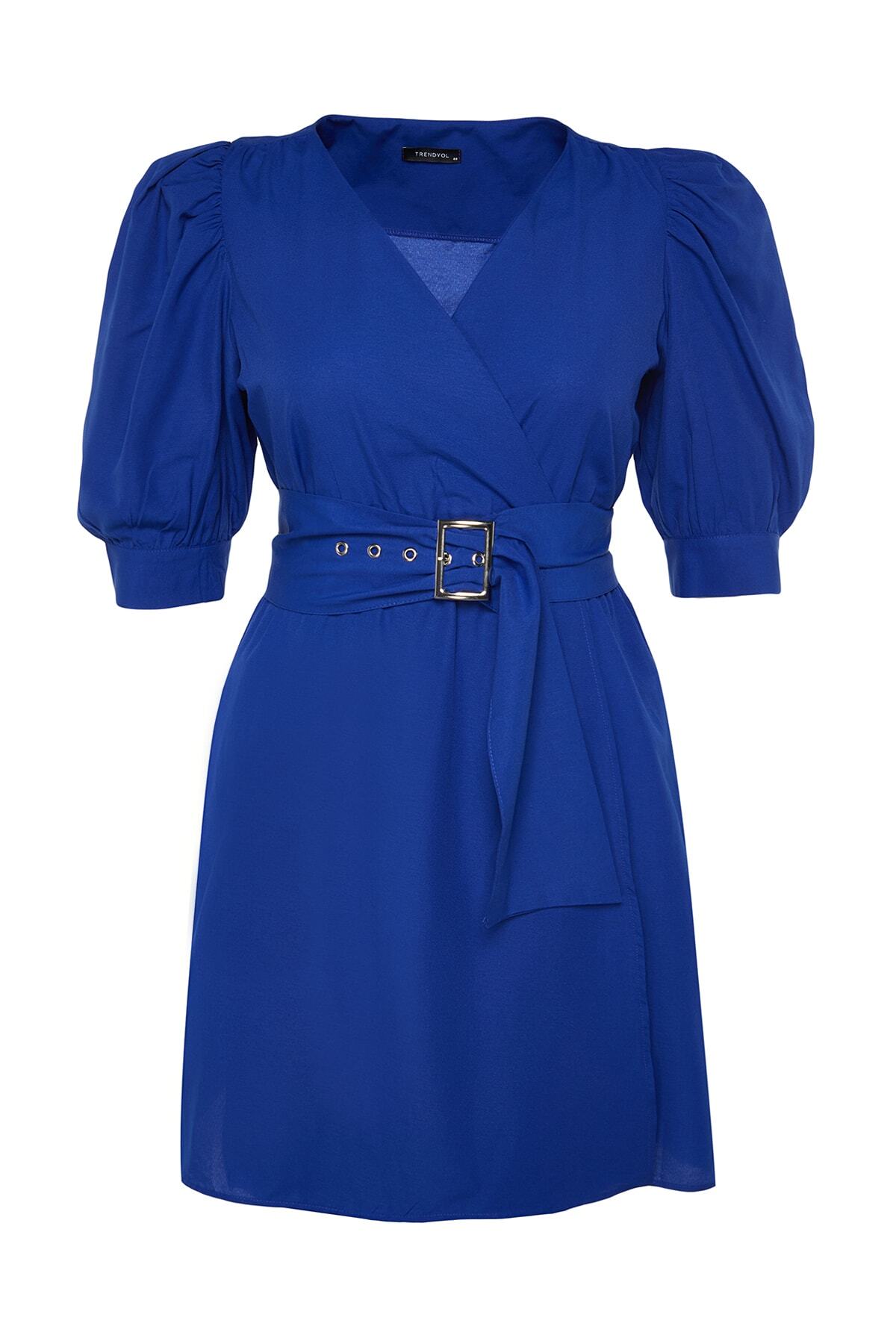 Trendyol Curve-Rochie cu guler dublu țesut cu brâu albastru TBBSS22EL1669 6