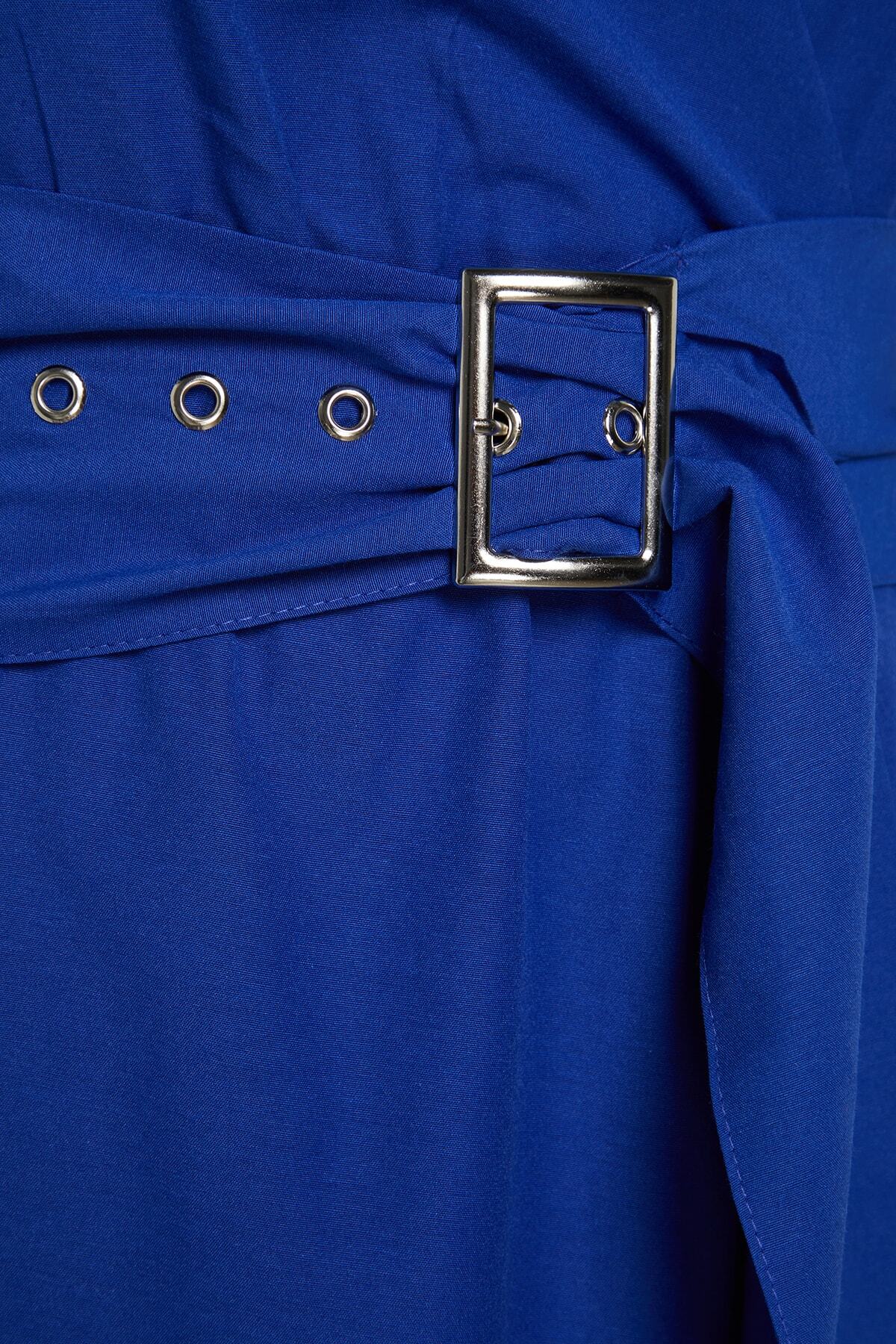 Trendyol Curve-Rochie cu guler dublu țesut cu brâu albastru TBBSS22EL1669 7