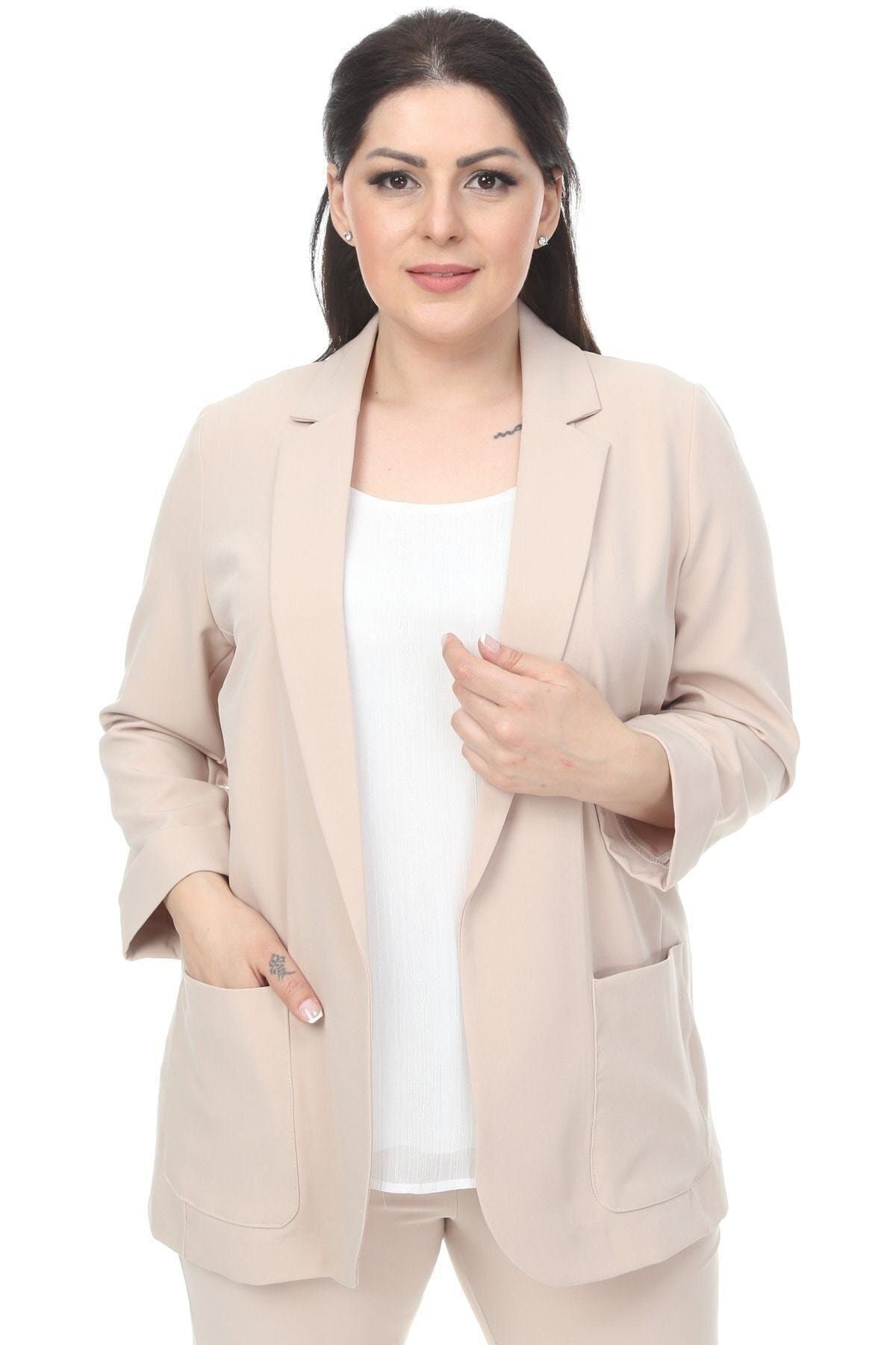 Hanezza Kadın Blazer Ceket Krem Büyük Beden 7 Renk Takım Elbise
