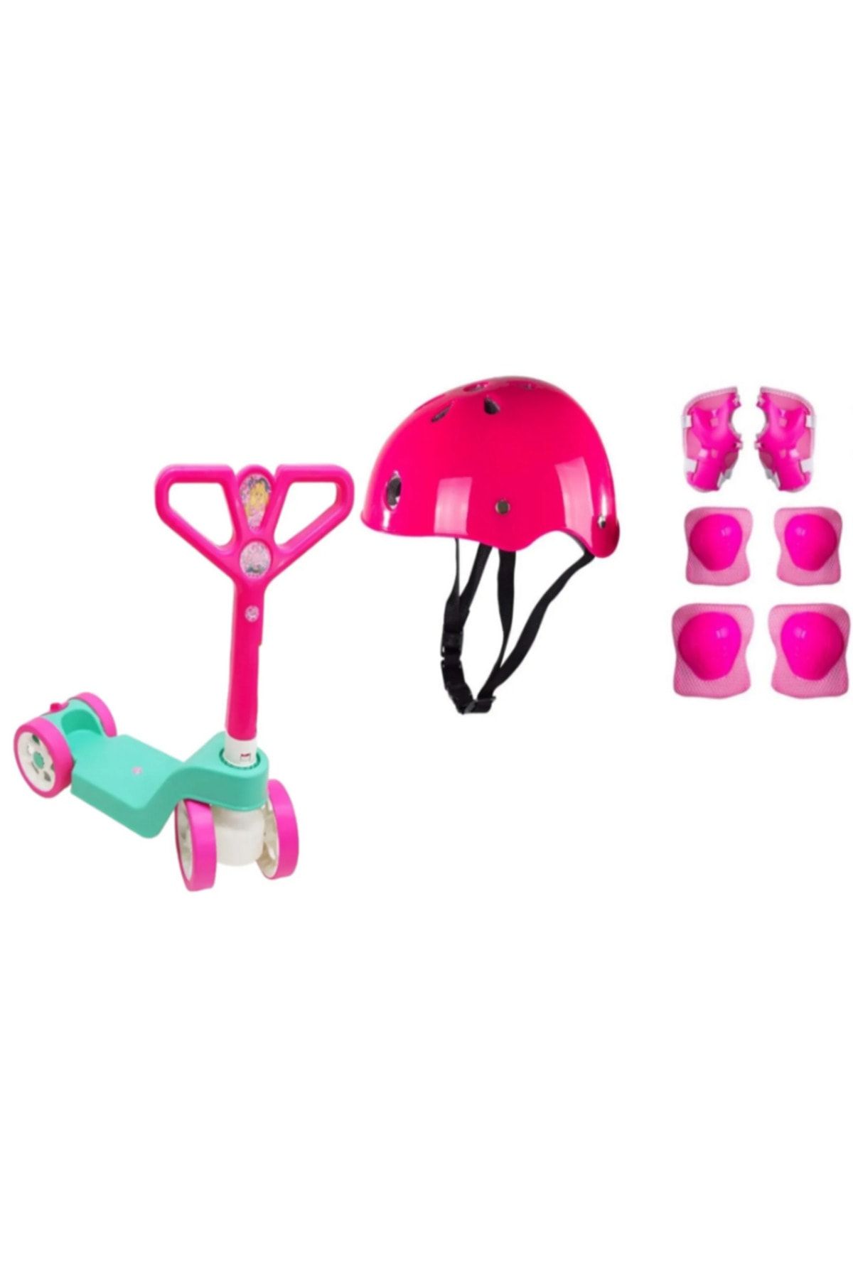 اسکوتر کودکان صورتی زنانه Scooter Linda 4 چرخ + کلاه ایمنی آرنج زانو 3 محصول با هم Furkan