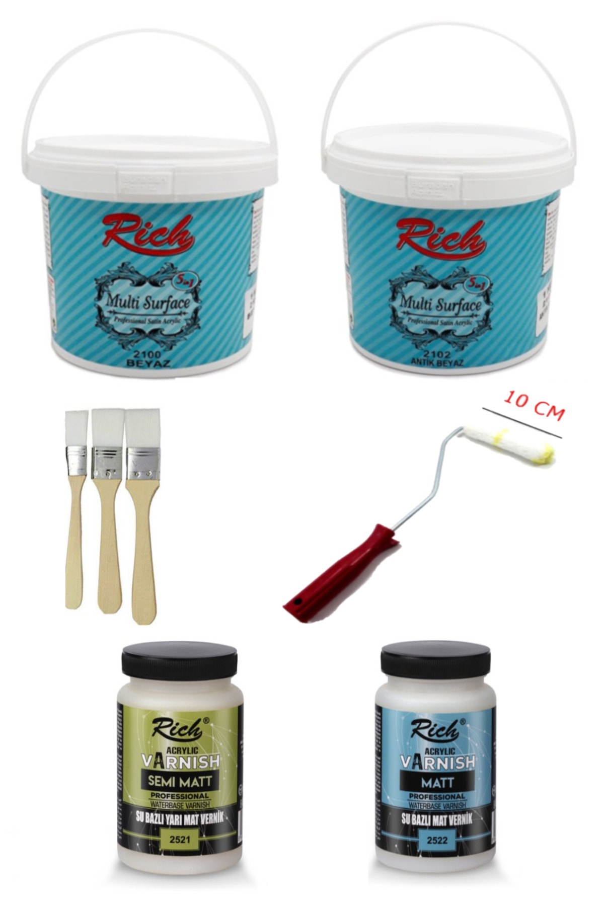 okulima Rich Multi Surface Antik Beyaz , Beyaz 1000 Gr Dolap Boyama 2Li Set Mat Vernik Yarı Mat